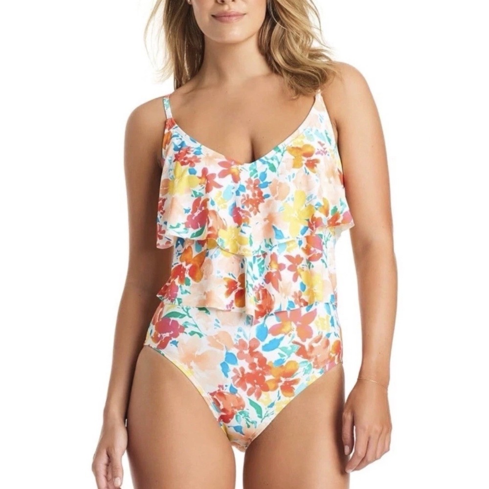 NEW Ellen Tracy Floral Ruffle One Piece Swimsuit Multi Color Size 8 Beach $98